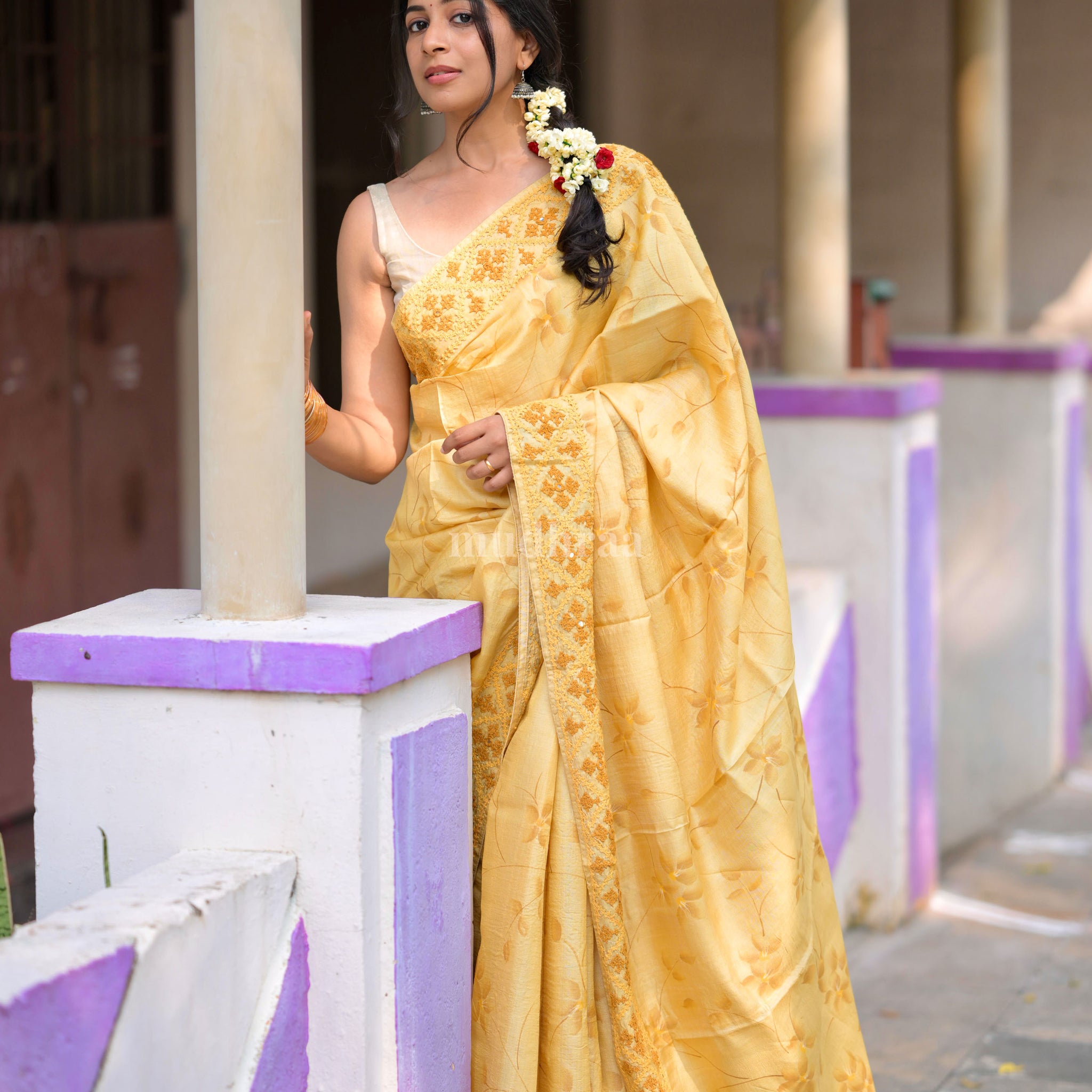 Sunshine yellow hand-painted Kutch embroidery tussar saree