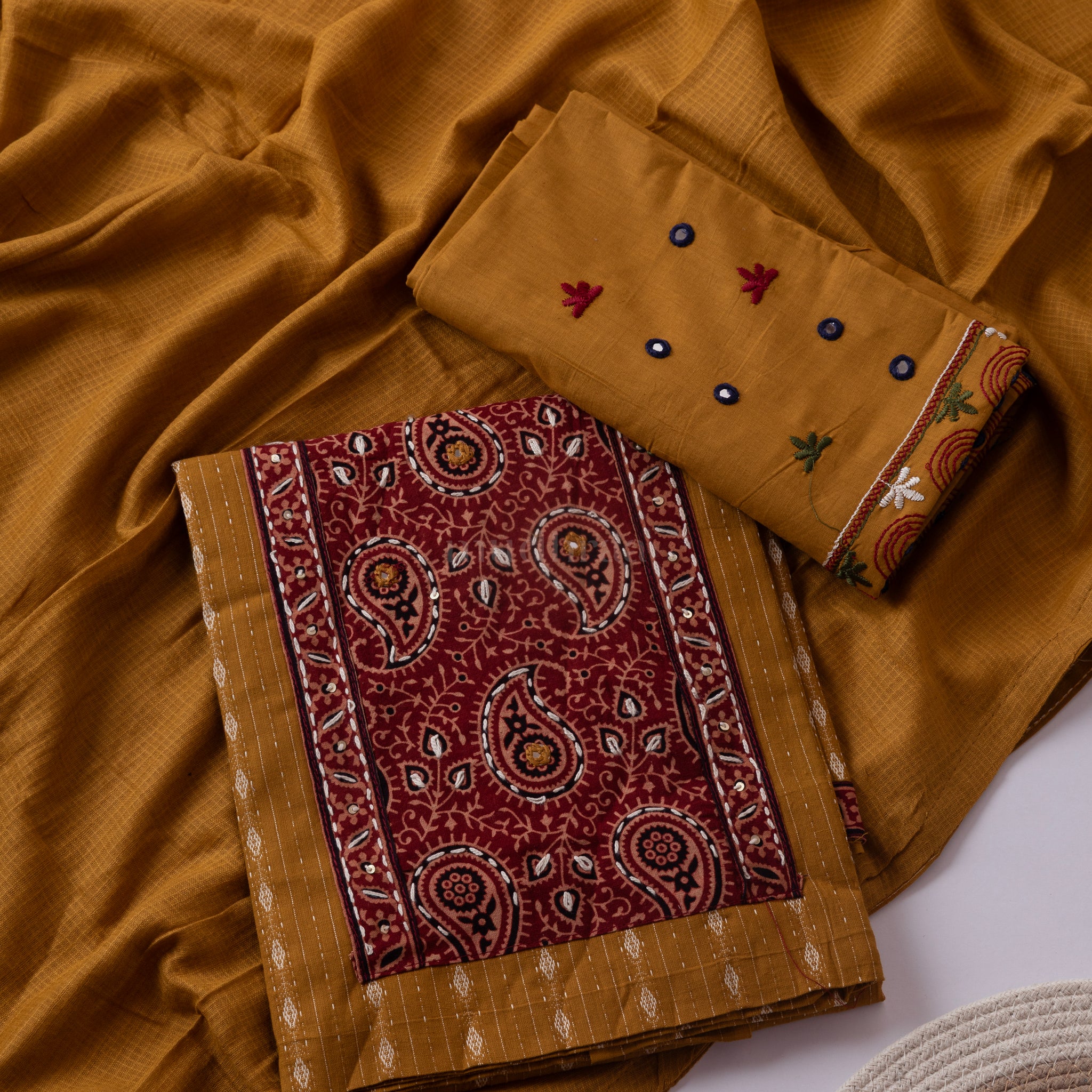 MUSTARD COTTON EMBROIDERD SUIT SET