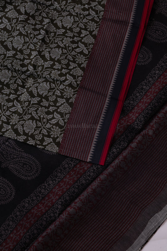 BLACK & GREY PRINTED COTTON SAREE