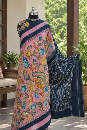 PINK KALAMKARI HANDPAINTED COTTON SAREE
