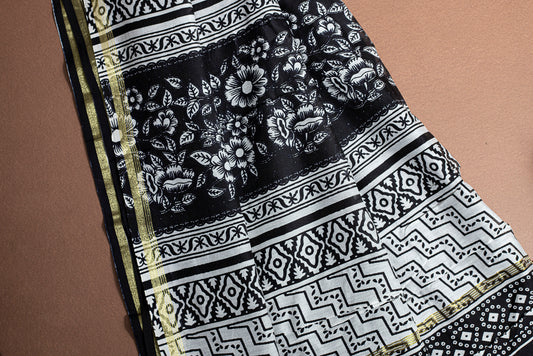 Black and white printed chanderi saree