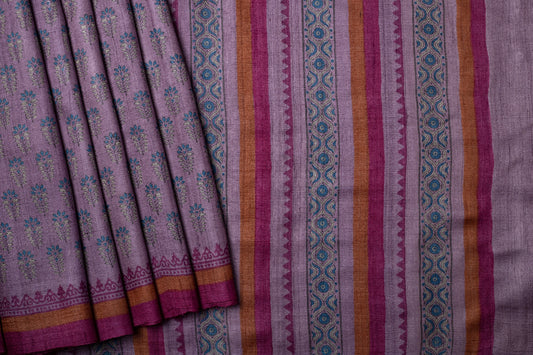 HANDBLOCK PRINTED VIOLET TUSSAR SILK SAREE