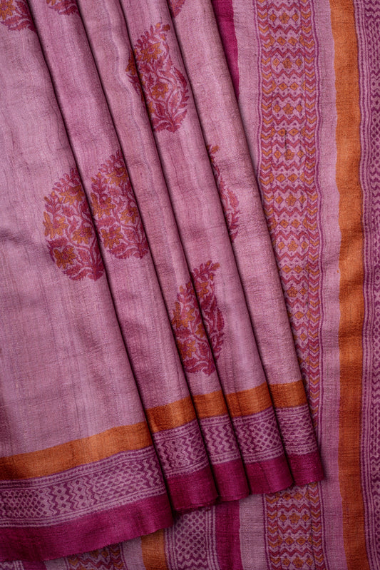 Pink handblock Printed Pure Tussar Saree