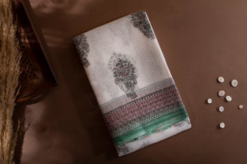 White kota cotton saree with green & pink handblocked motifs