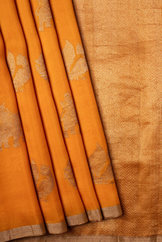 GOLDEN YELLOW ANTIQUE KORA SILK SAREE