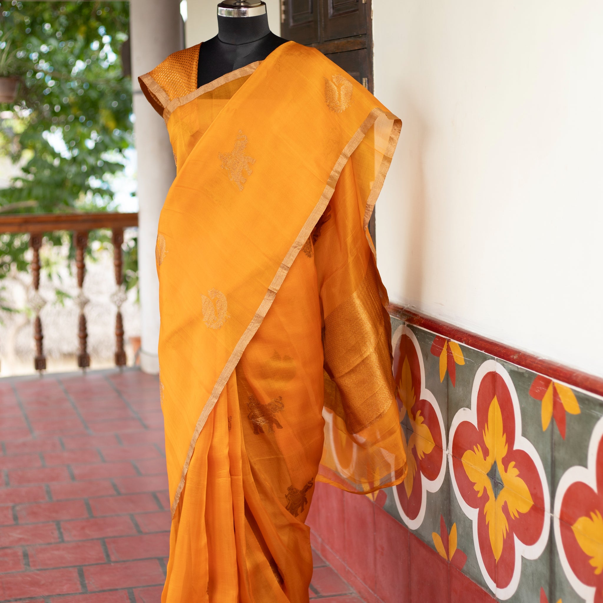 GOLDEN YELLOW ANTIQUE KORA SILK SAREE