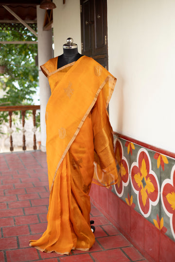 GOLDEN YELLOW ANTIQUE KORA SILK SAREE