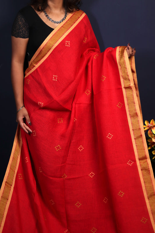 TOMATO RED LINEN JAMDANI SAREE