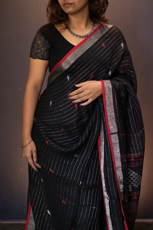 BLACK & RED STRIPED JAMDANI LINEN SAREE