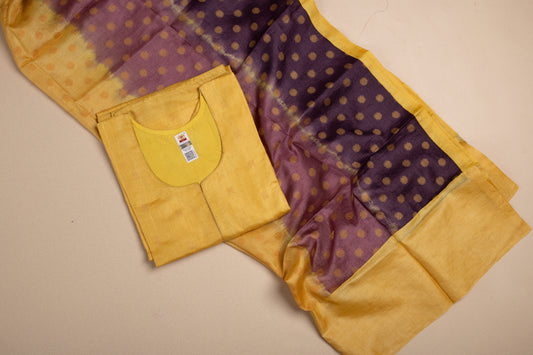 LEMON YELLOW & PURPLE TUSSAR SEMI STITCHED SUIT SET( 3 PC SET)