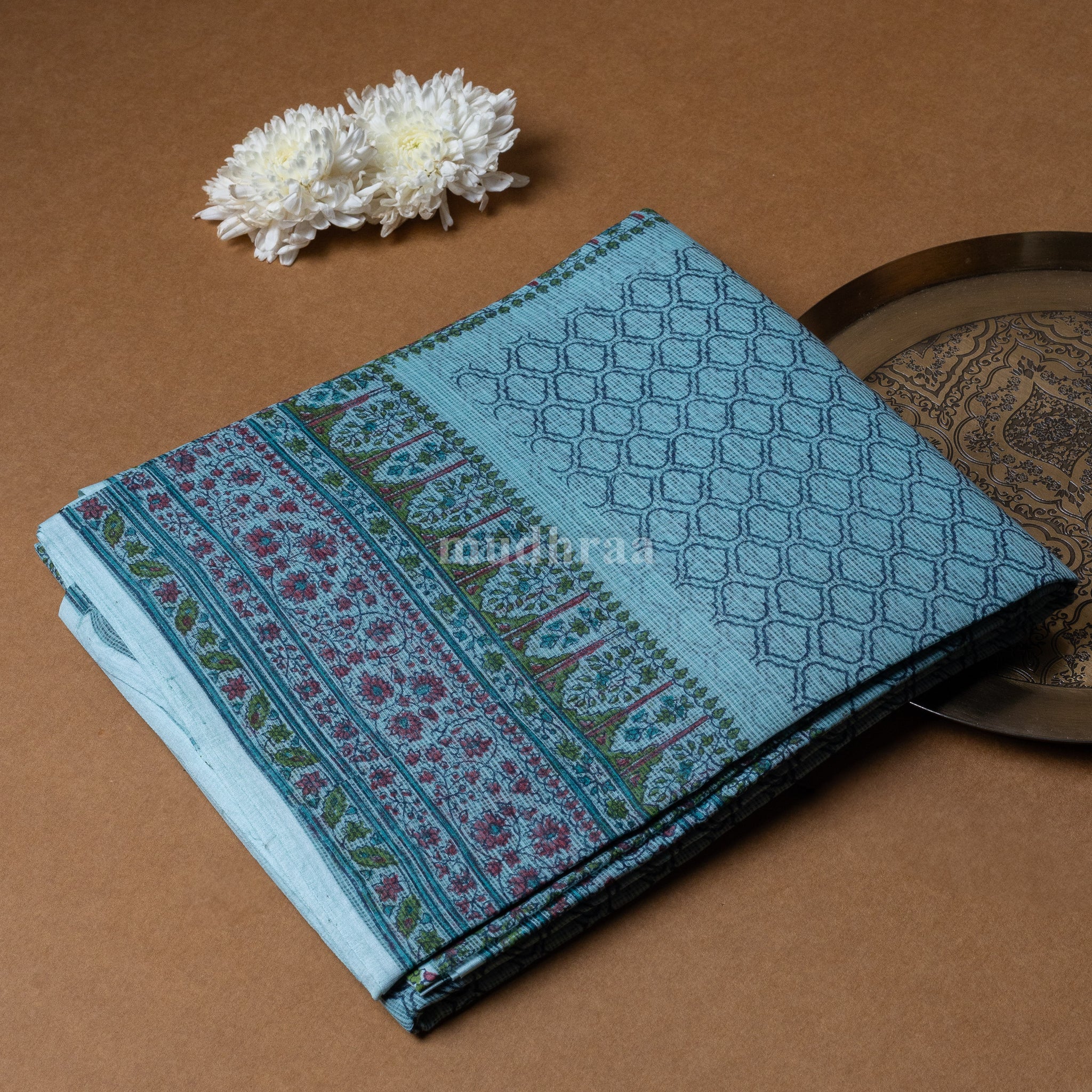 TIFFANY BLUE HANDBLOCK PRINTED KOTA COTTON SAREE