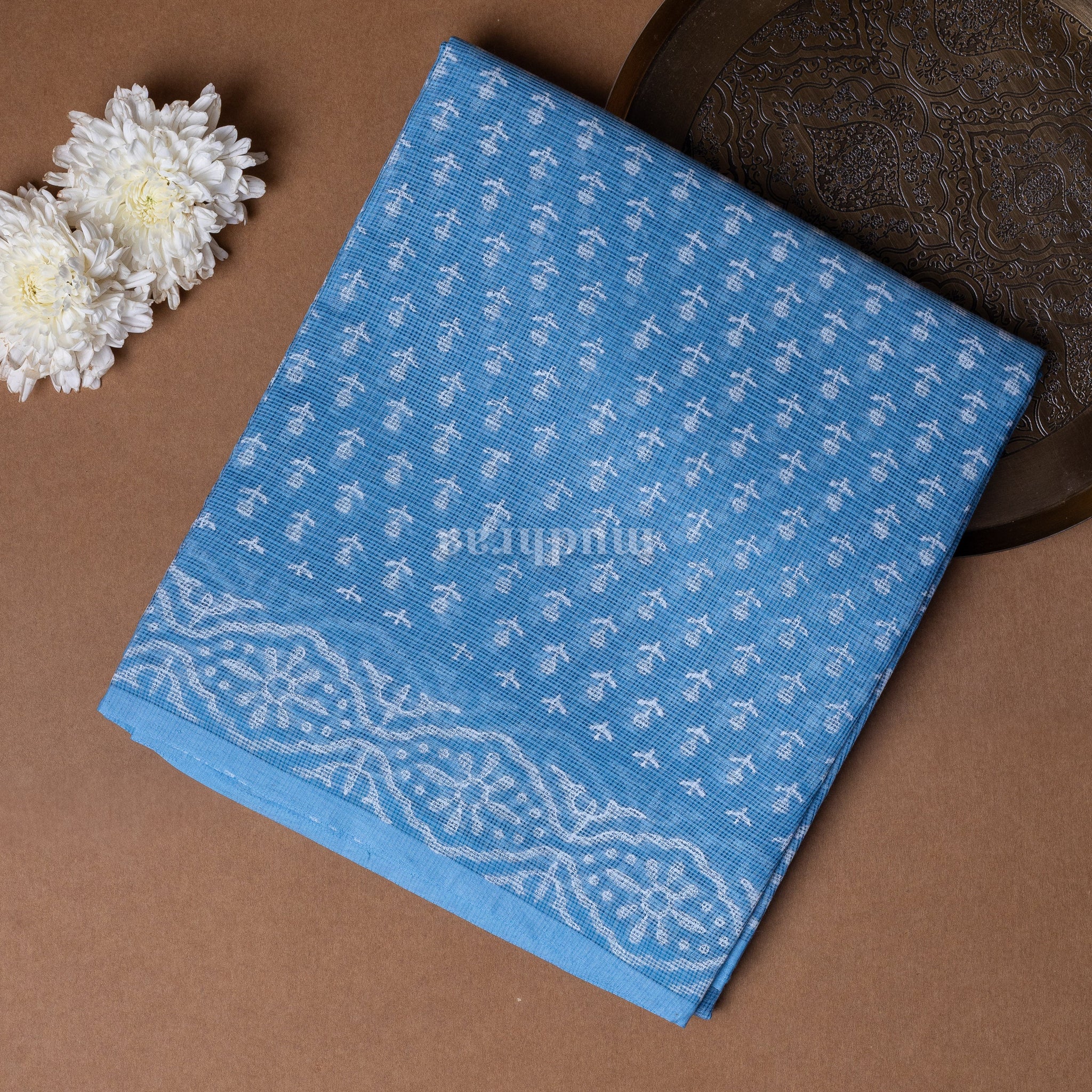 SKY BLUE HANDBLOCK PRINTED KOTA COTTON SAREE