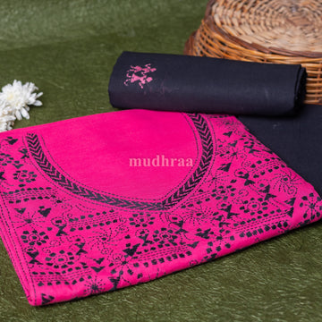Rani Pink & Black Embroidered Khadi Cotton Suit Set