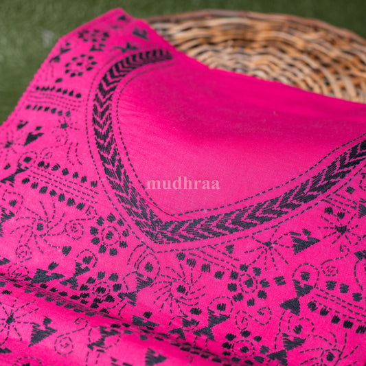 Rani Pink & Black Embroidered Khadi Cotton Suit Set