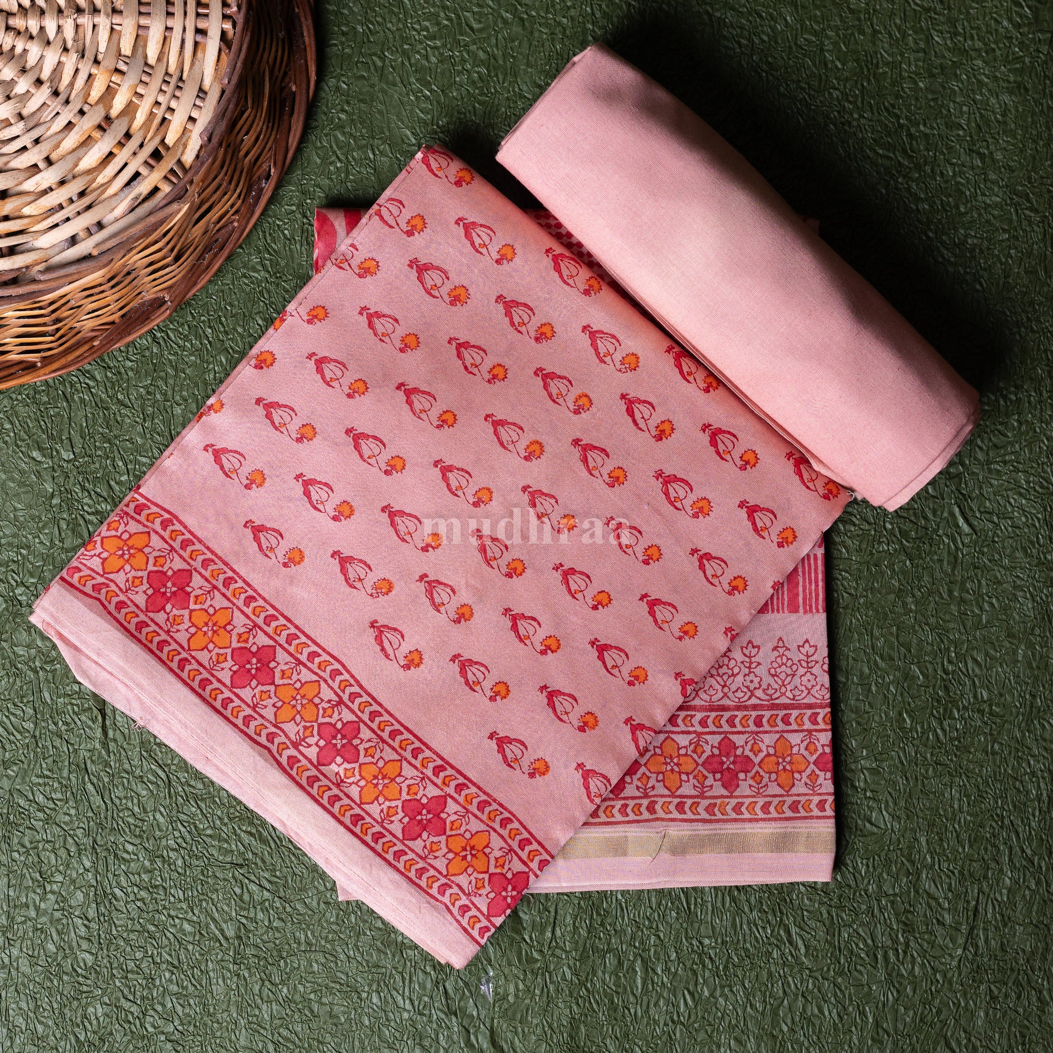 Salmon Pink Handblock Printed Chanderi Suit Set