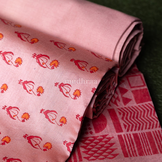 Salmon Pink Handblock Printed Chanderi Suit Set