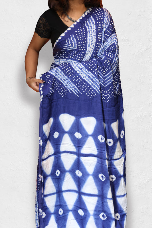 INDIGO & WHITE MODAL BANDHANI SAREE