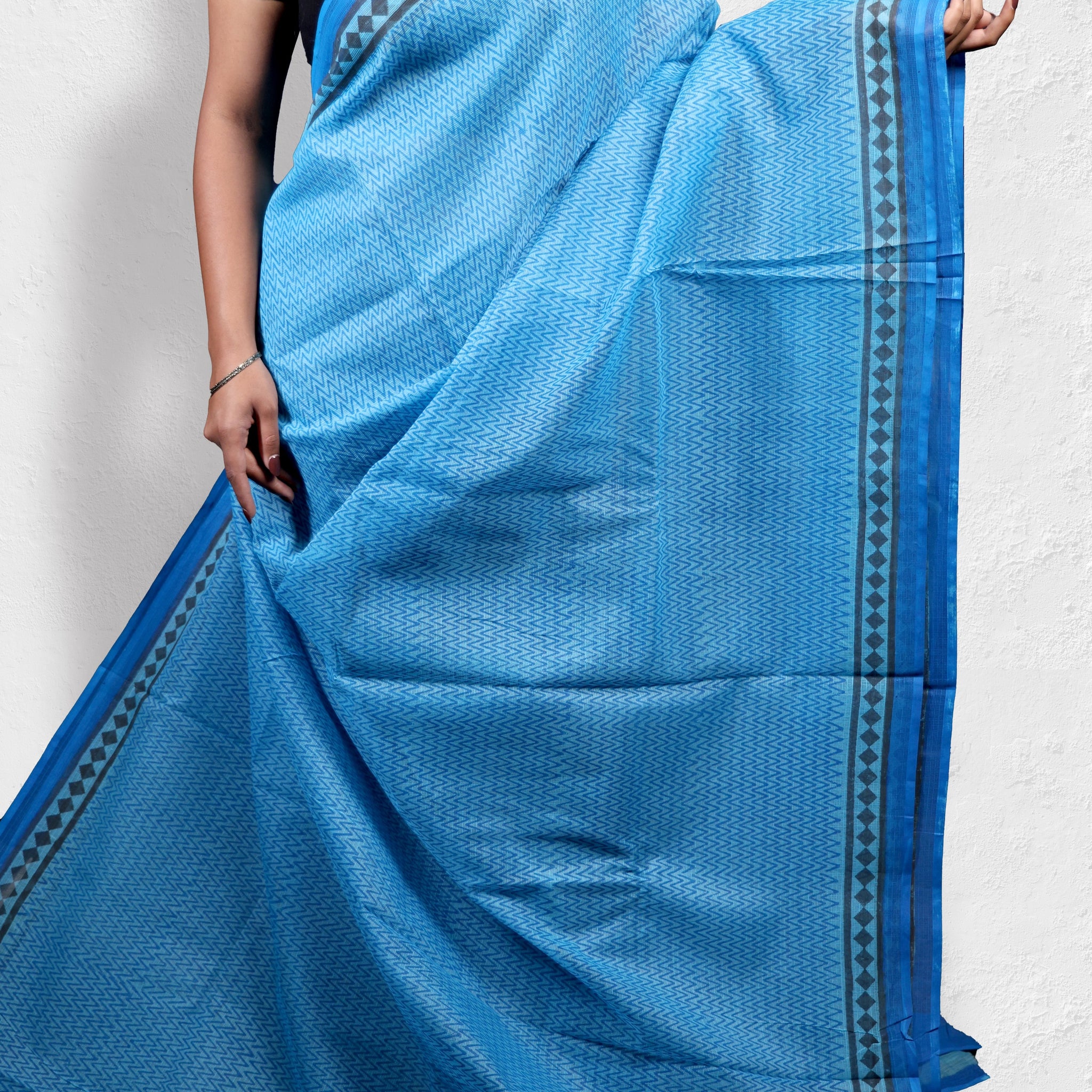 Sky Blue Handblock Printed Kota Cotton Saree