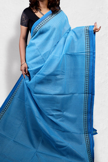 Sky Blue Handblock Printed Kota Cotton Saree