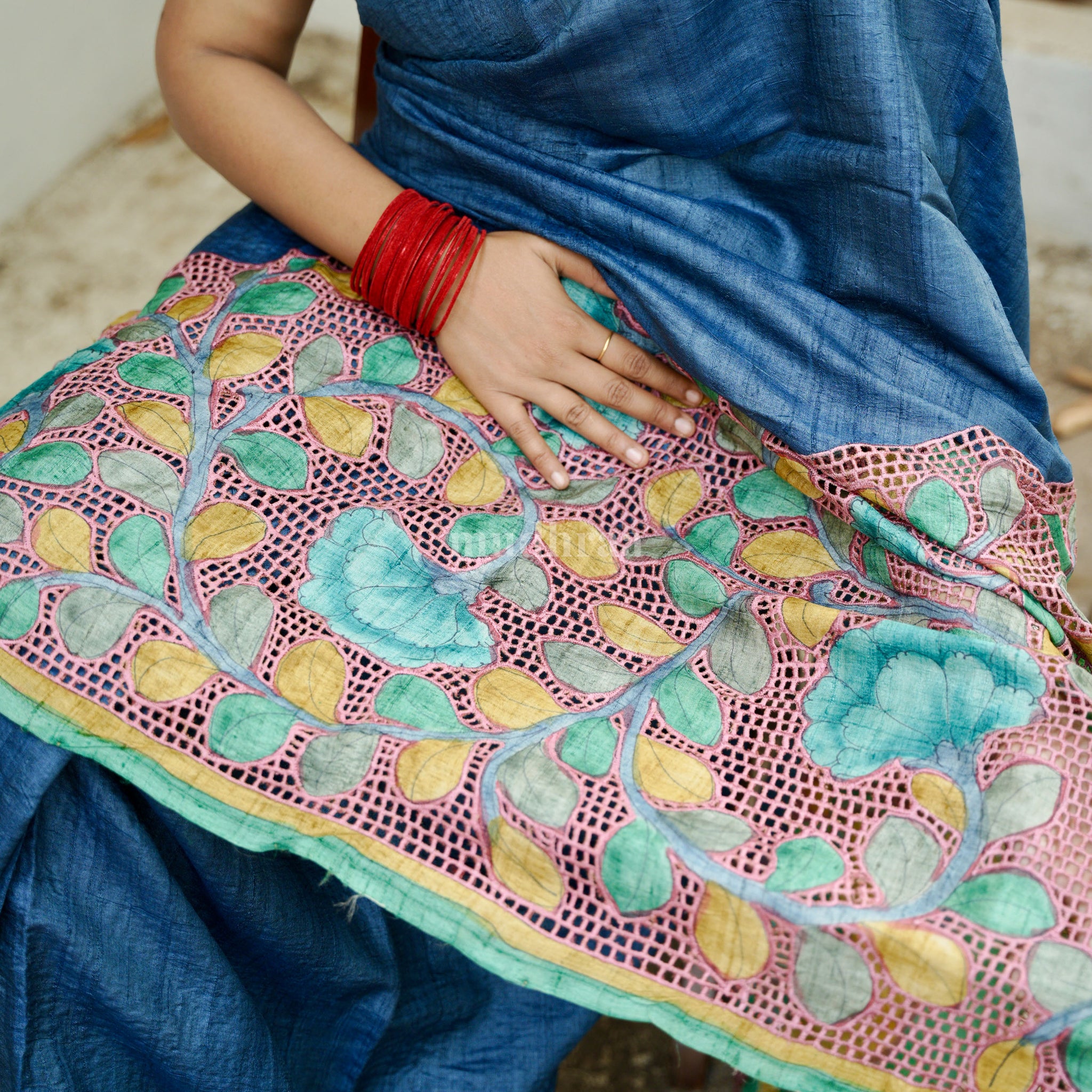 Blue & pink Kalamkari cut work tussar silk saree