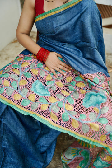 Blue & pink Kalamkari cut work tussar silk saree