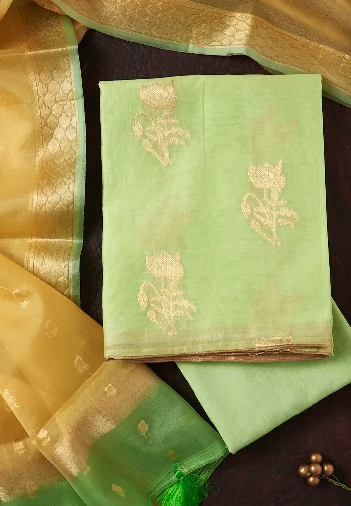 LEAF GREEN & YELLOW CHANDERI SUIT SET