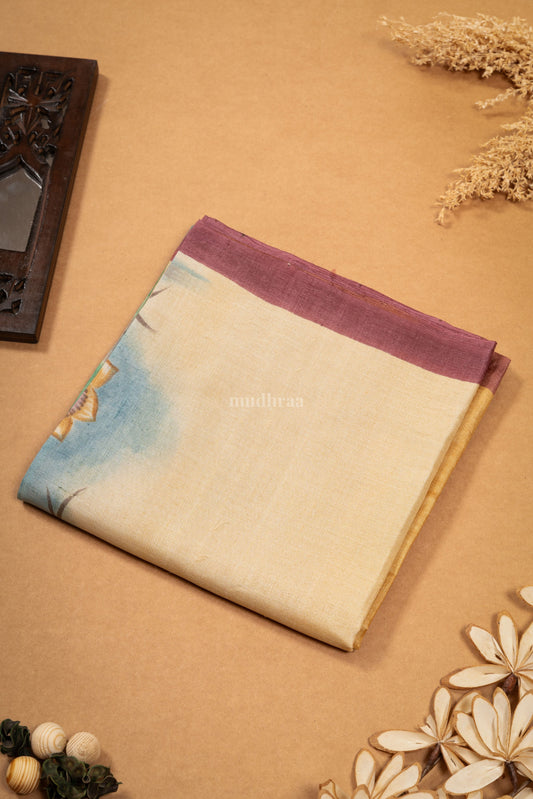 Yellow ombré hand painted Tussar silk saree