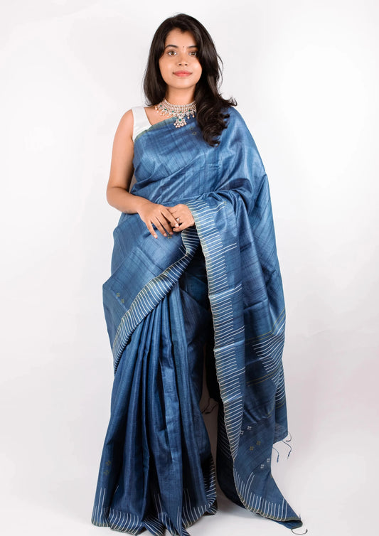 Midnight blue woven kosa tussar saree