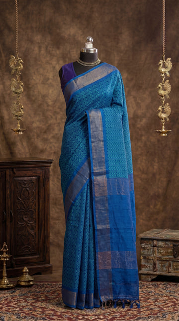 Ocean Blue Handblock Printed Tussar Silk Saree