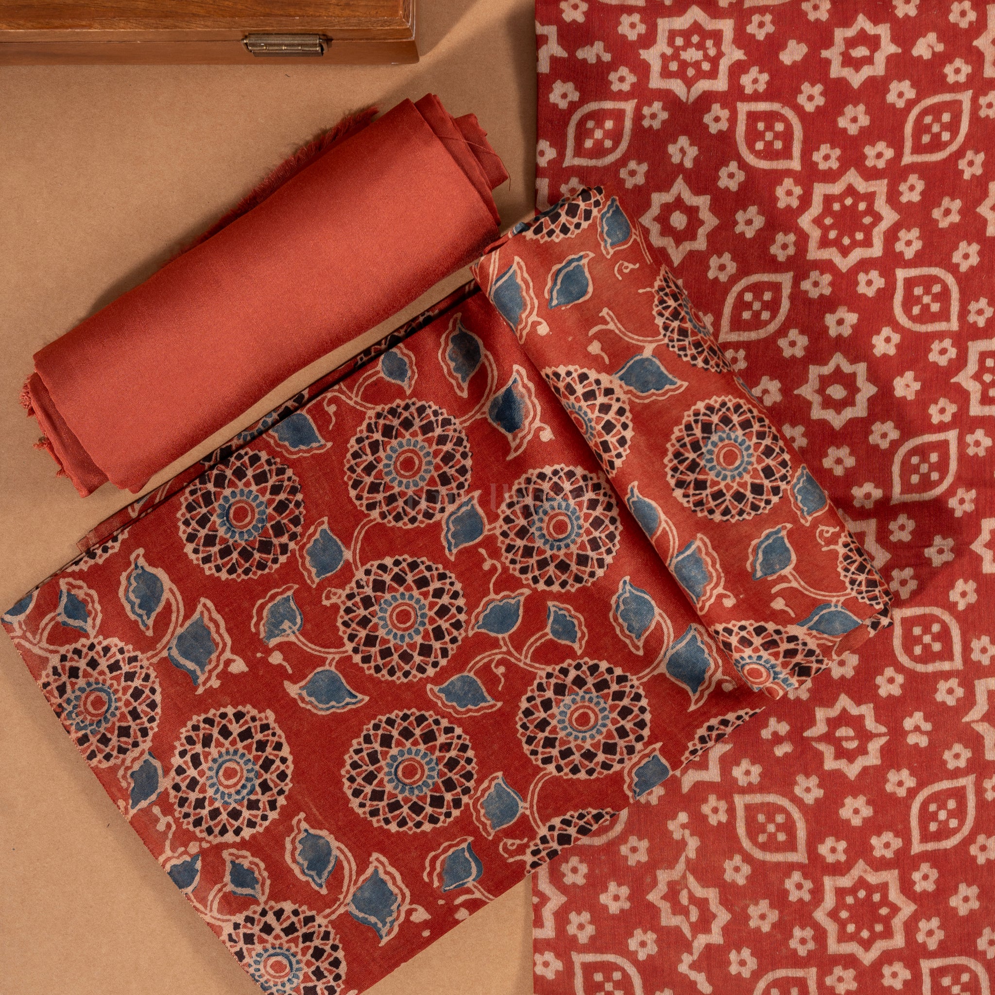 Chilli Red & Blue Ajrakh  Handblock printed Chanderi Suit Set