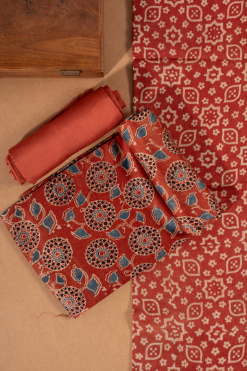 Chilli Red & Blue Ajrakh  Handblock printed Chanderi Suit Set