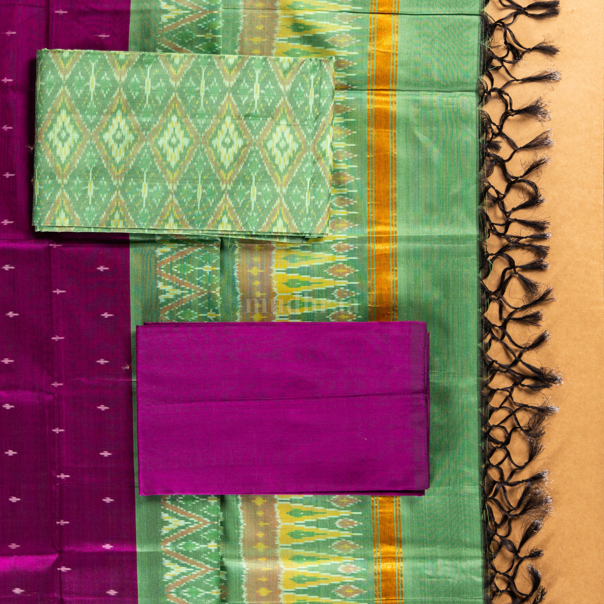Plum & mint handwoven Ikkat silk-cotton suit set