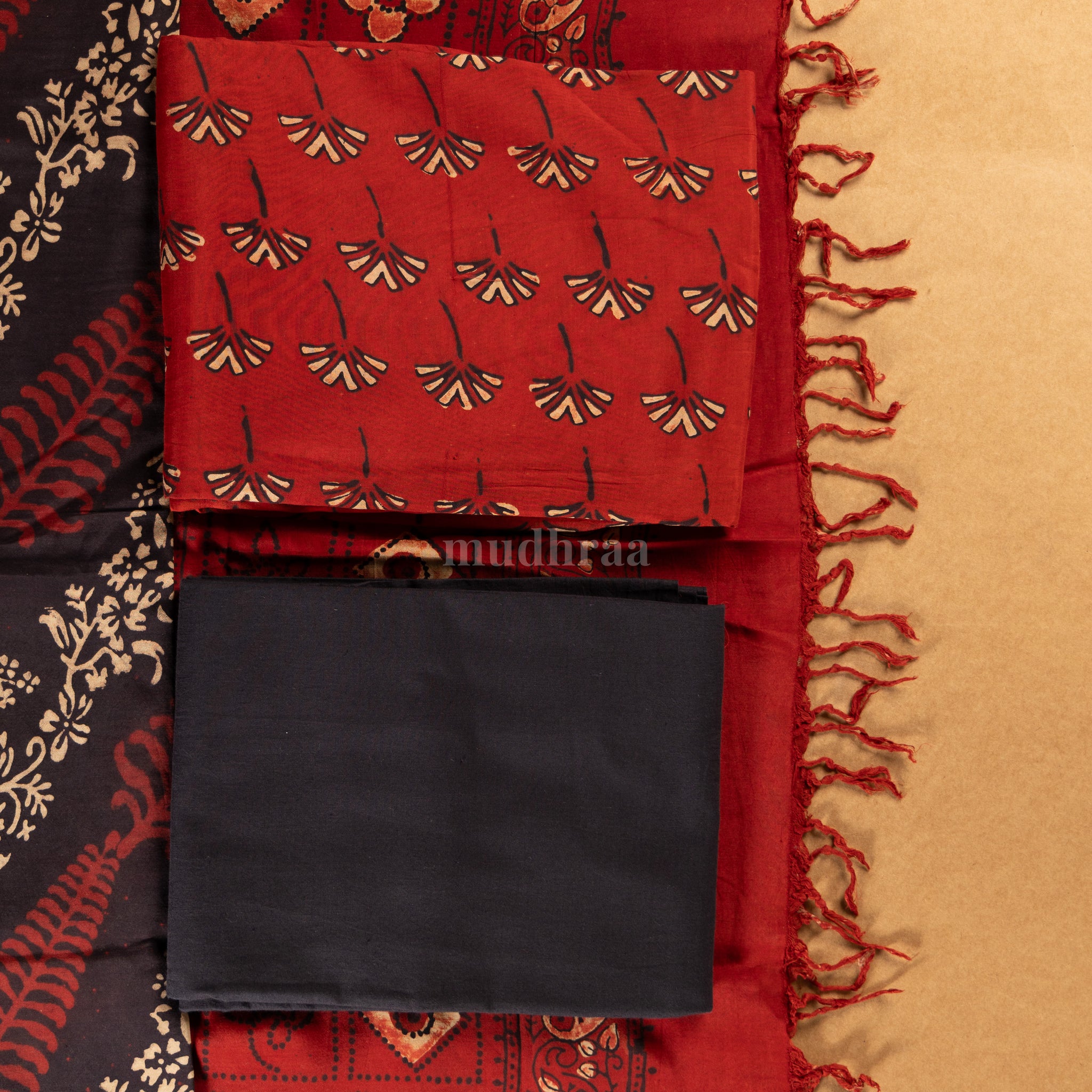TERRACOTTA & BLACK FLOWER PRINTED  PLANT FIBRE SUIT SET
