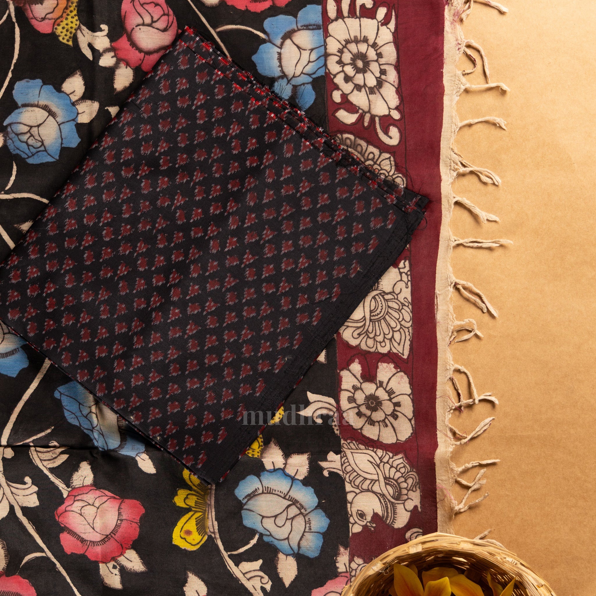 MAROON & BLACK PEN KALAMKARI IKKAT SUIT SET