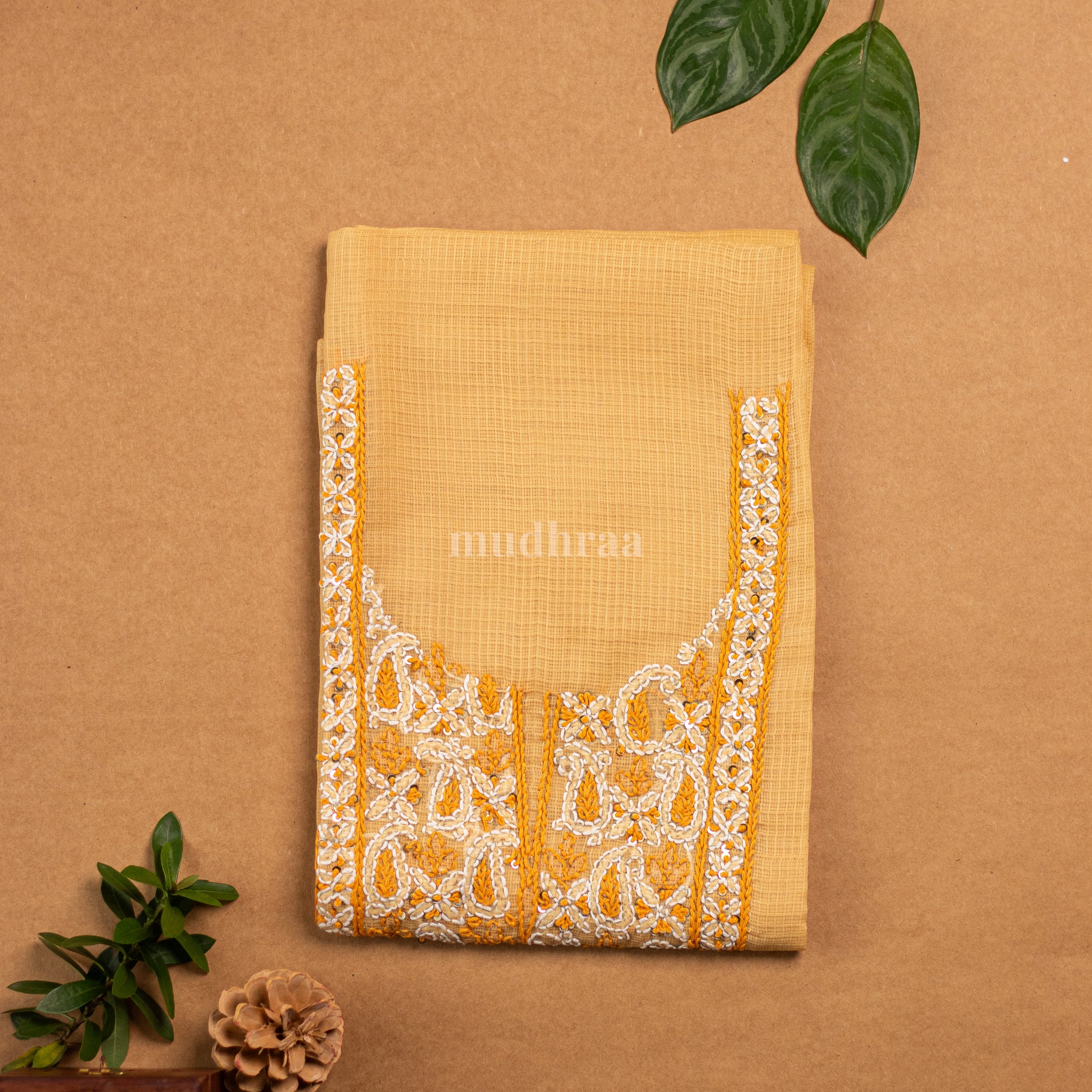 Marigold kota cotton embroidered suit set