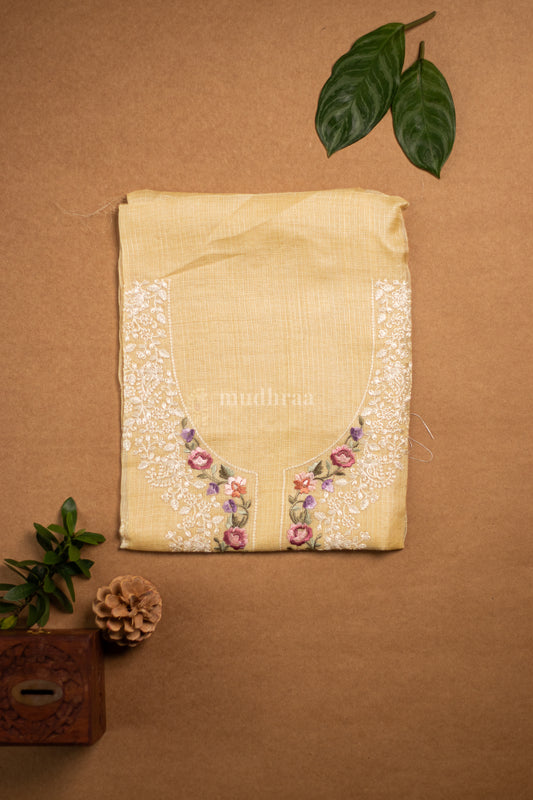 YELLOW EMBROIDERED KOTA TUSSAR SILK SUIT