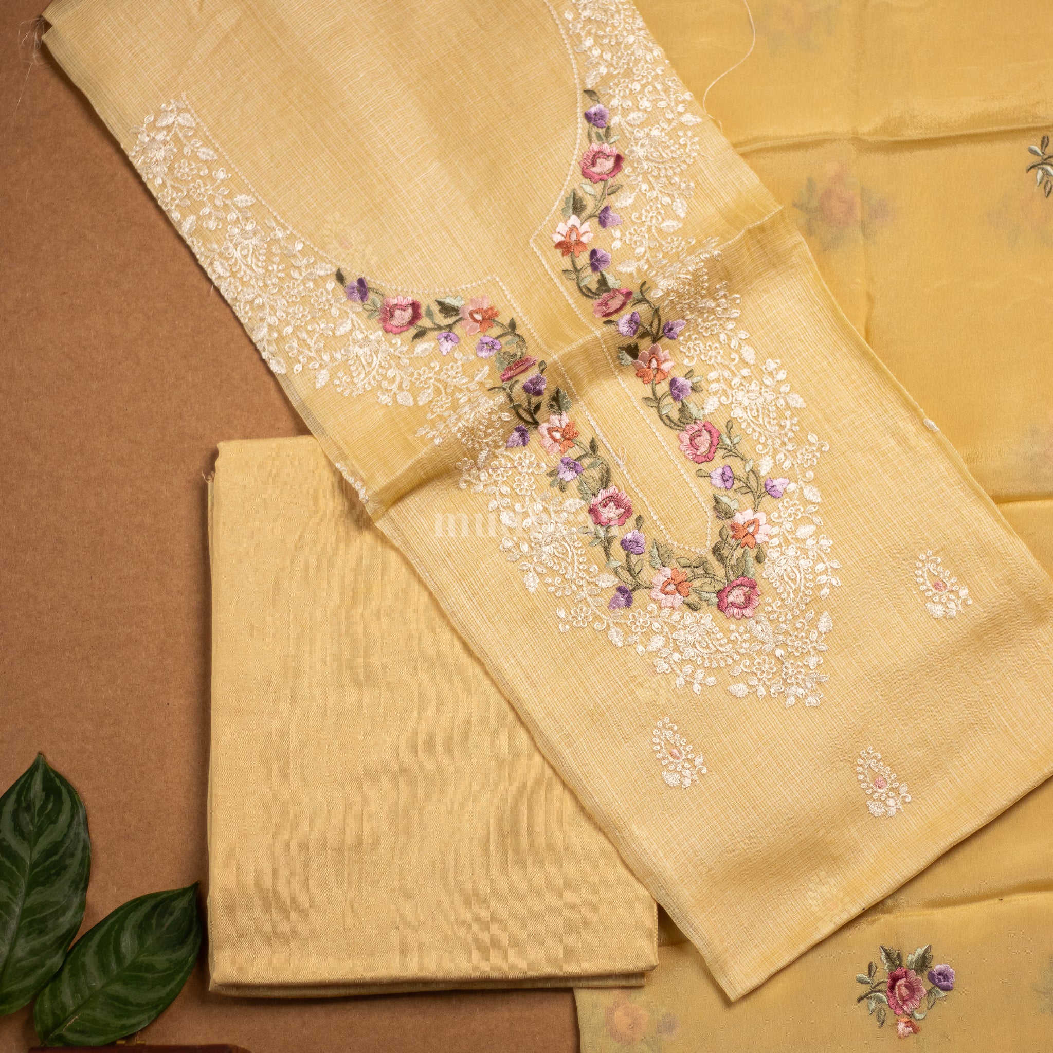 YELLOW EMBROIDERED KOTA TUSSAR SILK SUIT