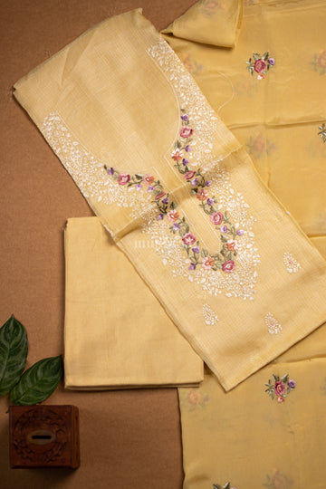 YELLOW EMBROIDERED KOTA TUSSAR SILK SUIT