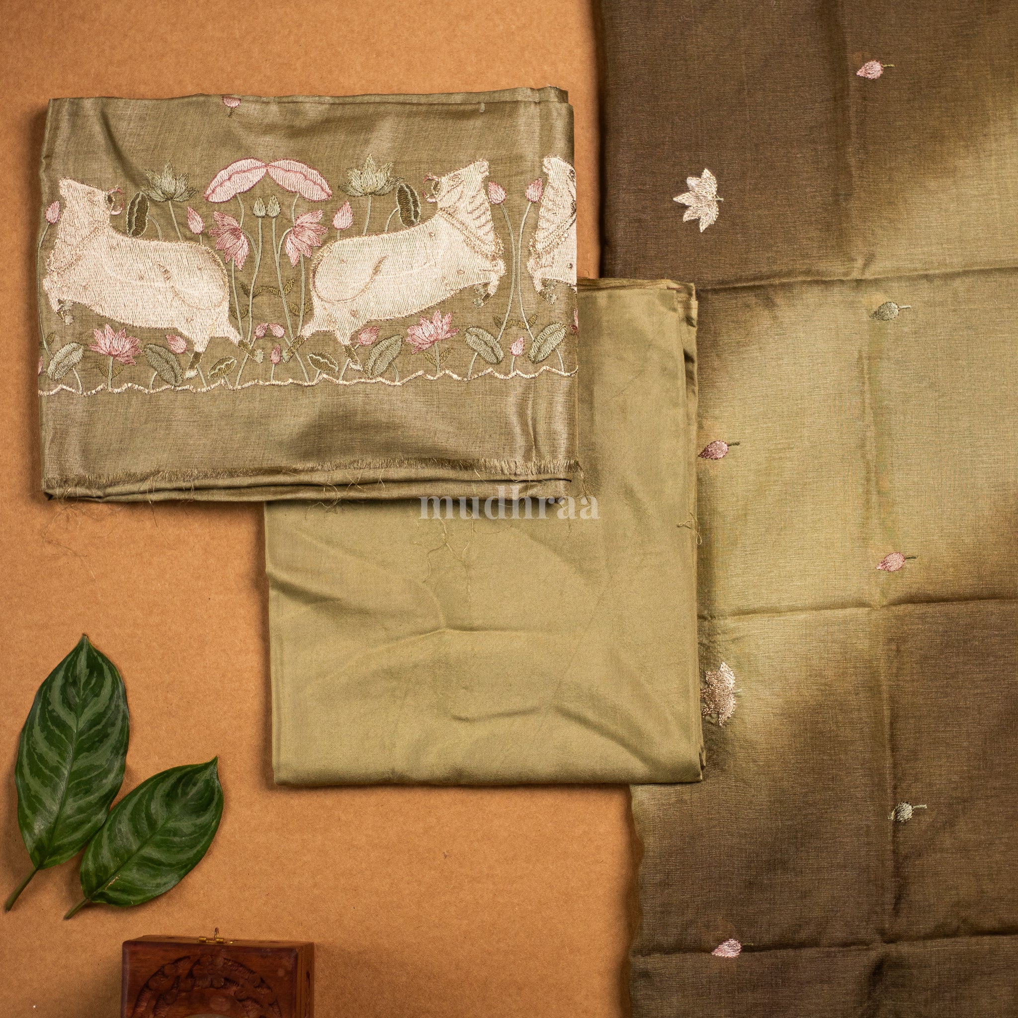 Olive green Pichwai Tussar silk suit