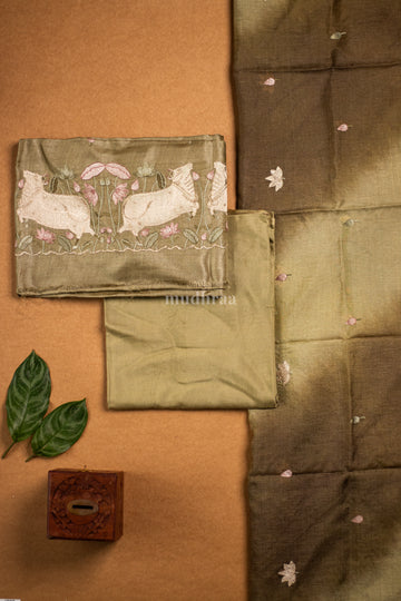 Olive green Pichwai Tussar silk suit