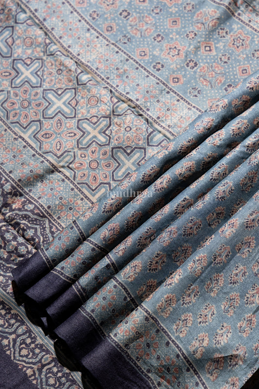 Blue Ajrakh handblock printed pure Tussar silk saree