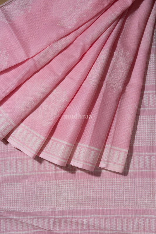 Baby Pink handblock printed Kota cotton saree