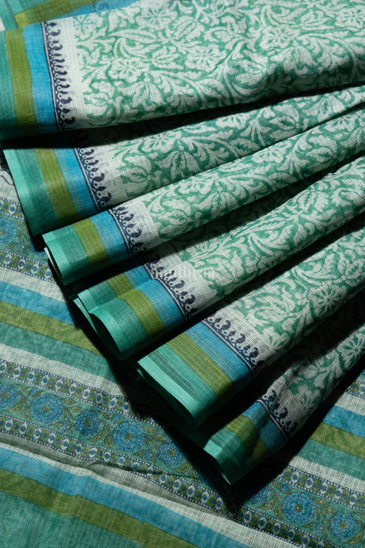 Green handblock  printed Kota cotton saree