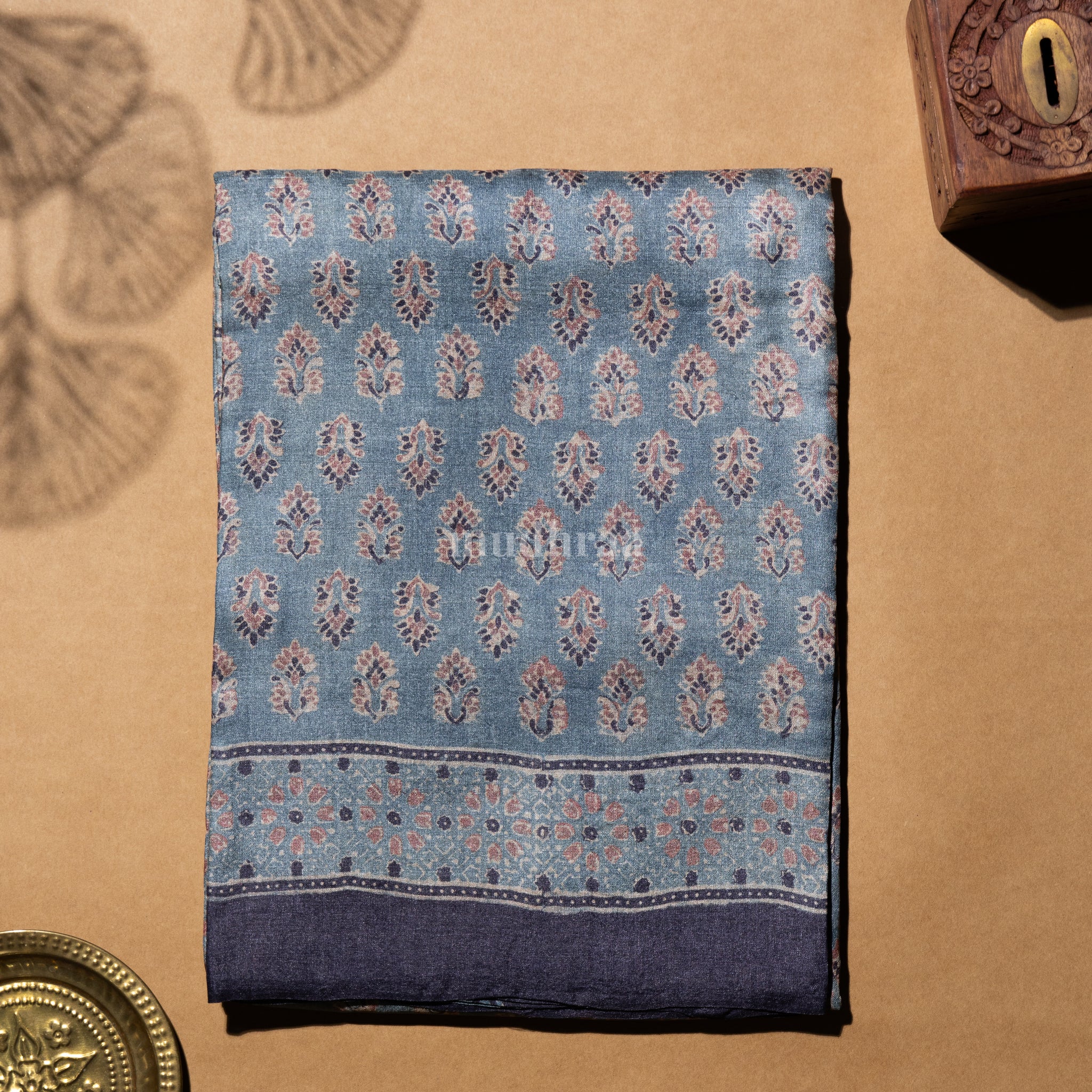 Blue Ajrakh handblock printed pure Tussar silk saree