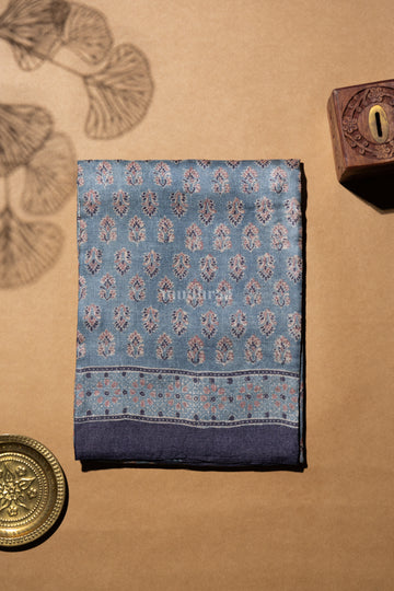 Blue Ajrakh handblock printed pure Tussar silk saree