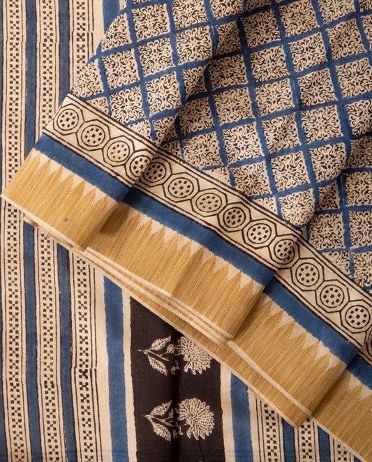 Blue and cream handblock chanderi saree with ghicha border