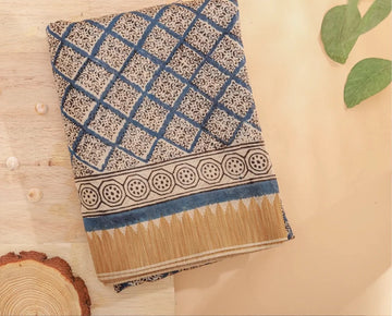 Blue and cream handblock chanderi saree with ghicha border