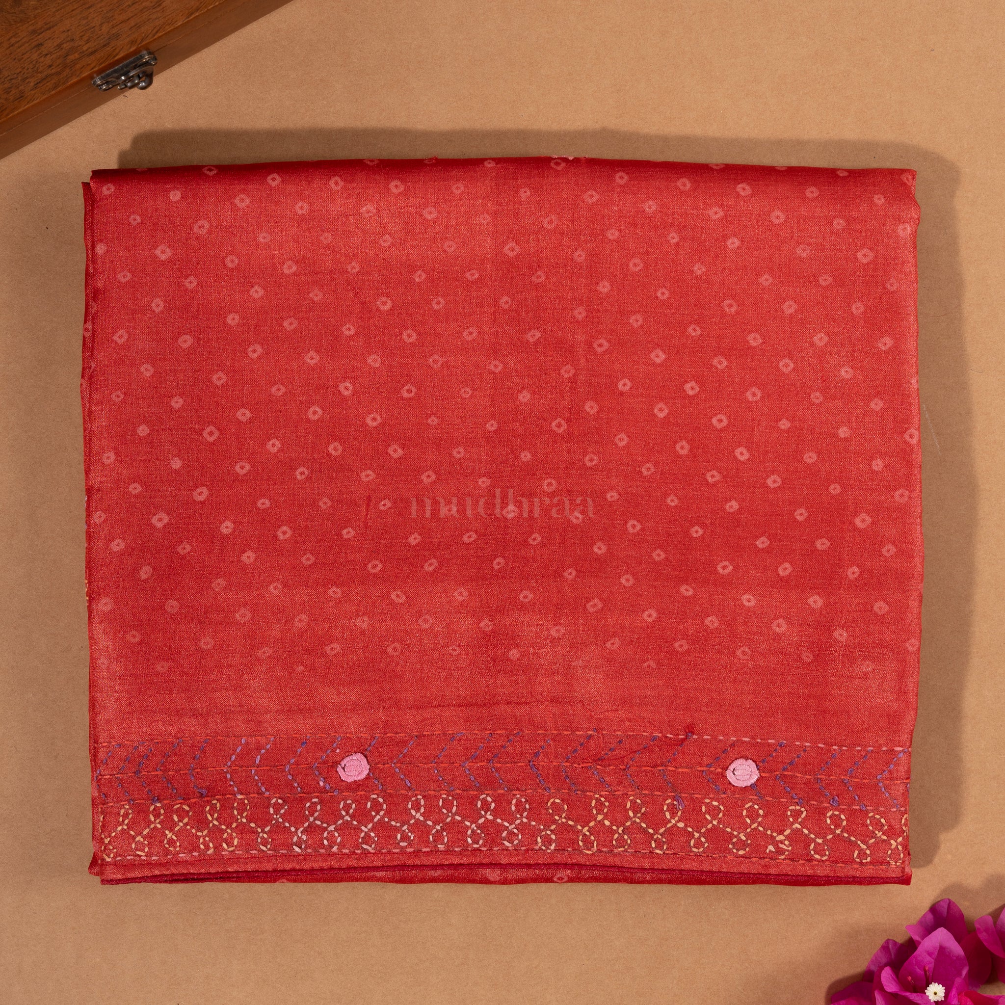 Rust Red Bandhani Kantha Tussar Silk Saree