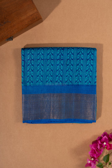 Ocean Blue Handblock Printed Tussar Silk Saree