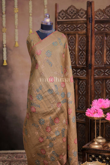 DARK CHAMPAGNE FLORAL KANTHA TUSSAR SAREE